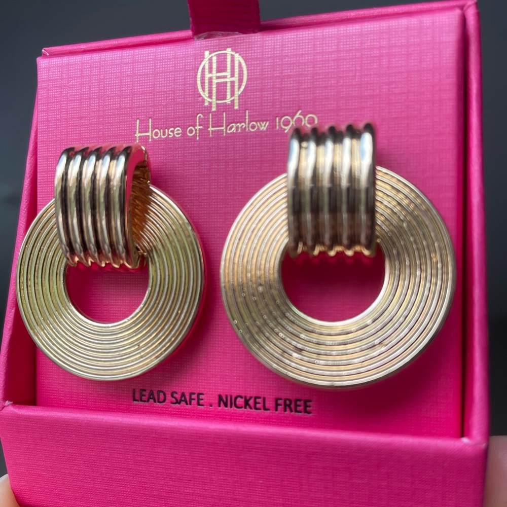 NEW House of Harlow 1960 Ribbed Ring Earrings Boho Gold Tone in Gift Box